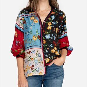 Johnny Was Perdita 100% Silk Satin Button-Front Blouse V-Neck Long Sleeve